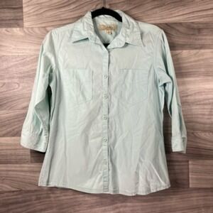 Cabelas Womens Button Up Shirt Blue 100% Cotton Long Sleeve Collar Pockets S